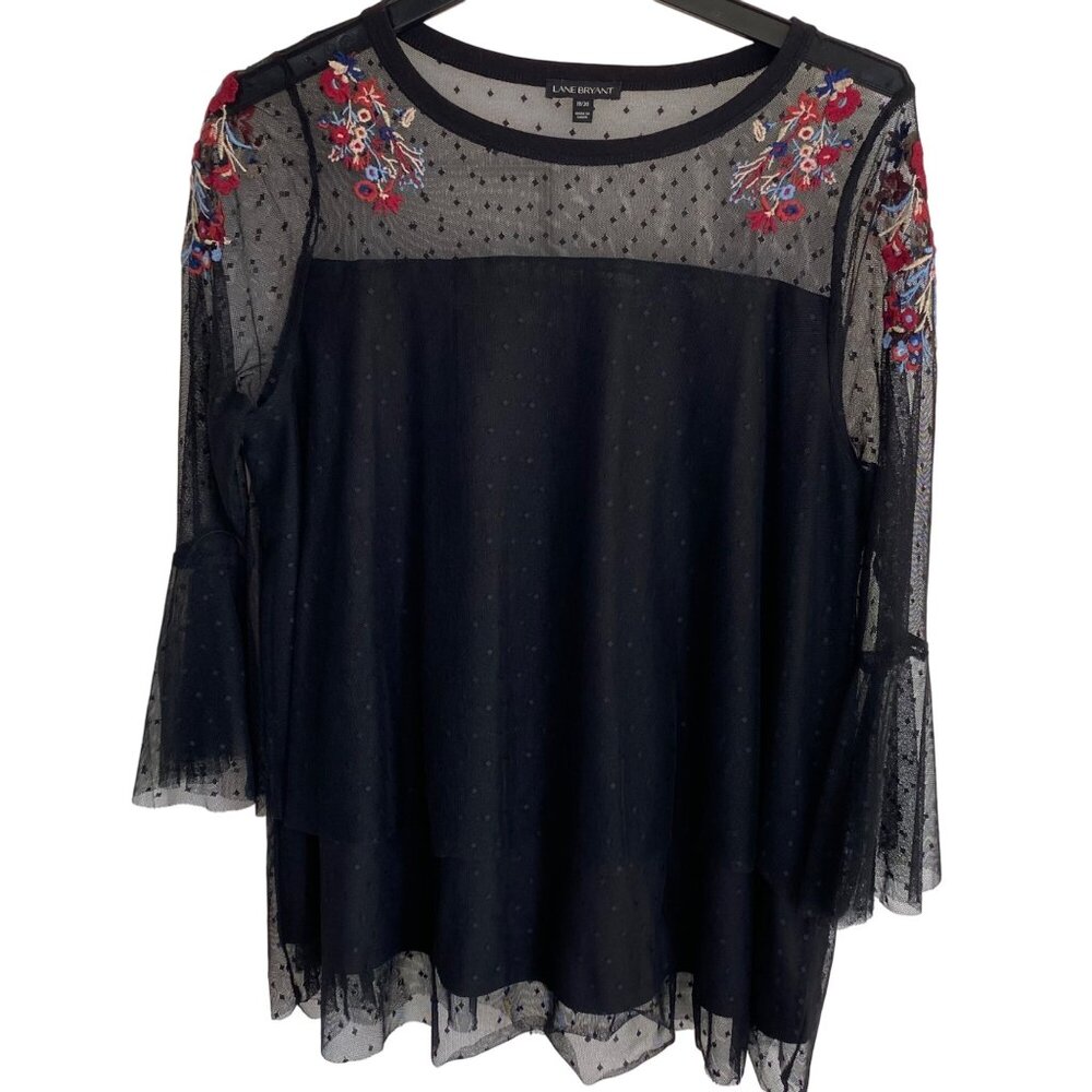 Lane Bryant Women's Black Sheer Swiss Dot Mesh Top With Floral Embroidery & Flar